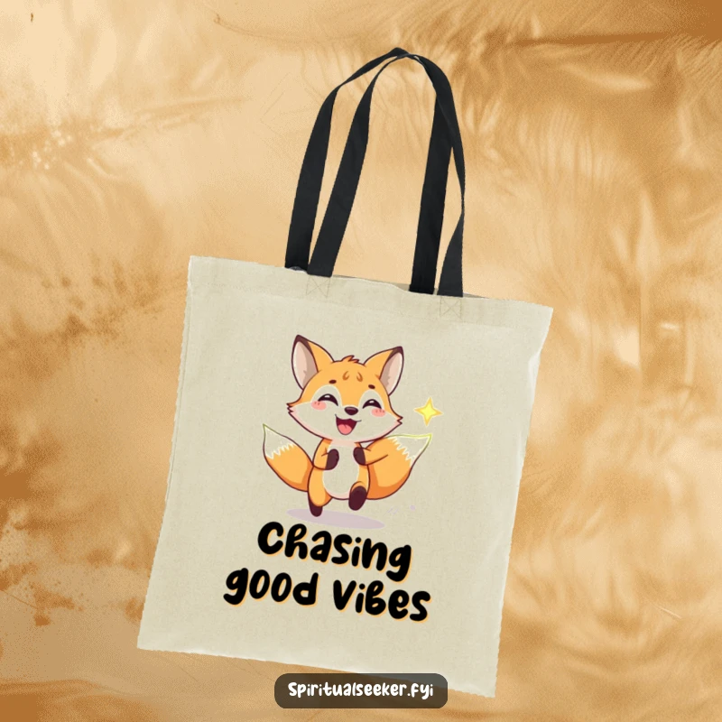 Funny tote bag featuring a cheerful fox enthusiastically chasing a radiant spiritual symbol, a humorous accessory for daily errands.