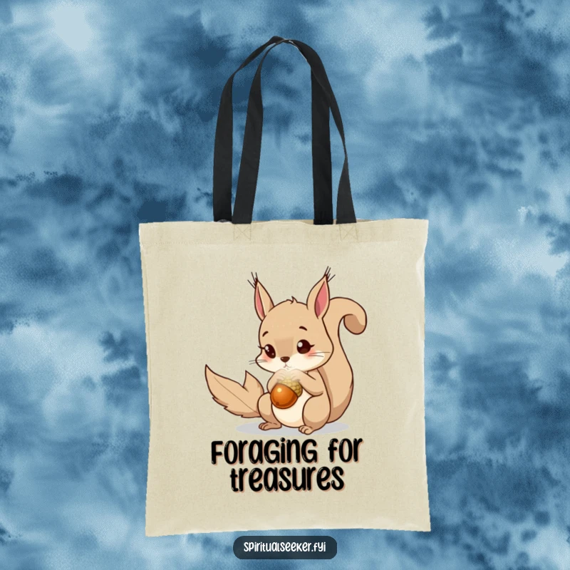 Funny squirrel tote bag depicting a curious squirrel mesmerized by a luminous, magical acorn. A stylish funny gift.