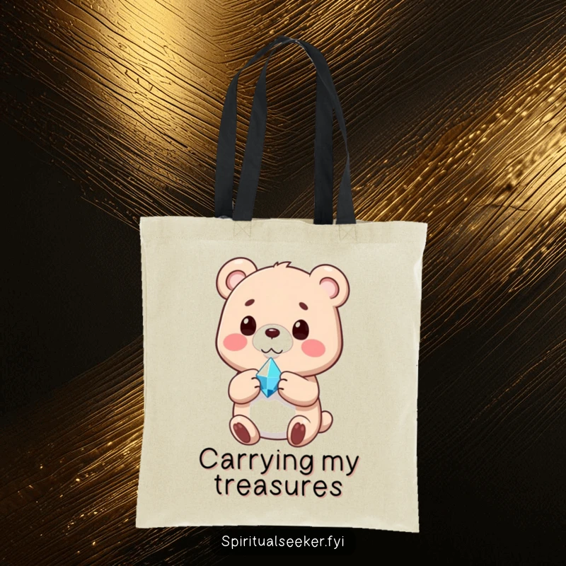 Funny tote bag with a peaceful bear cradling a radiant crystal, perfect for carrying essentials with zen.