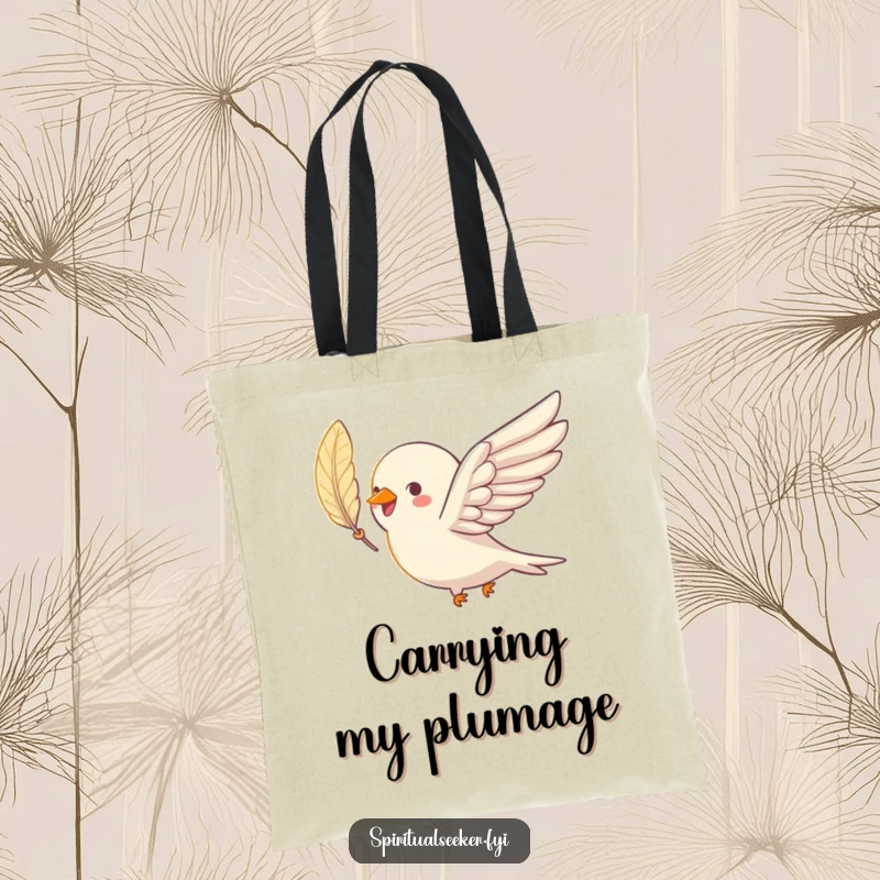 Funny bird tote bag depicting a joyful bird soaring with a shimmering feather, a humorous and practical accessory.