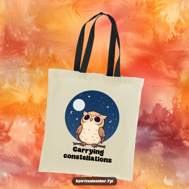 Funny calm owl tote bag featuring a character gazing at a starry night sky with wonder, ideal for carrying celestial dreams.