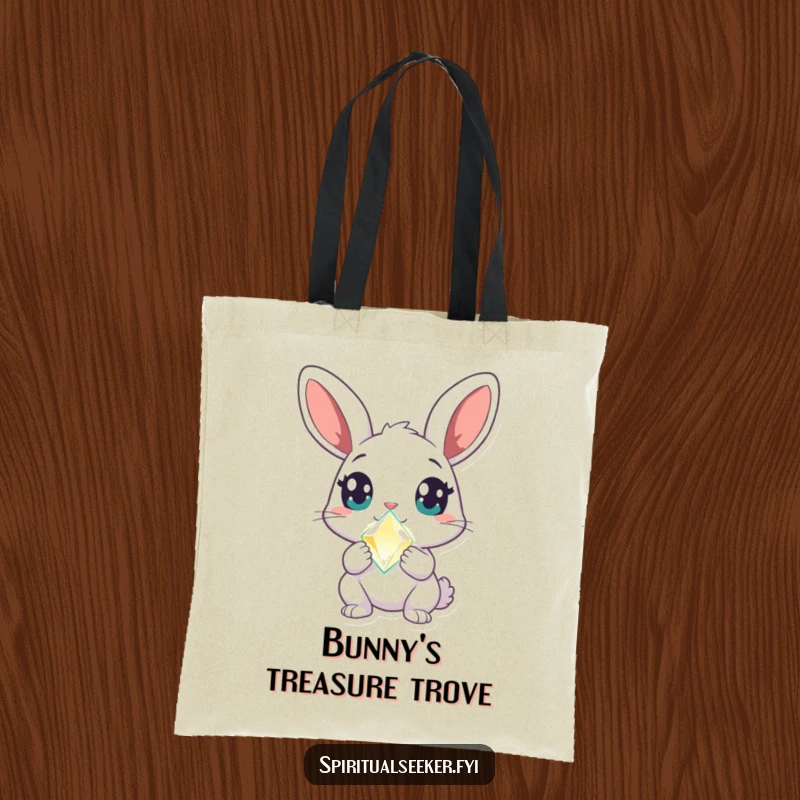 Funny rabbit tote bag featuring a curious character with wide, amazed eyes holding a glowing crystal, ideal for carrying magical finds.