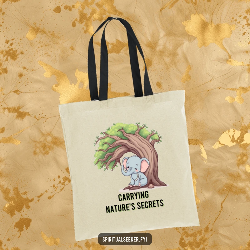 Funny elephant tree hugger tote bag, a peaceful elephant gently touching an old tree, perfect for shopping and daily use.