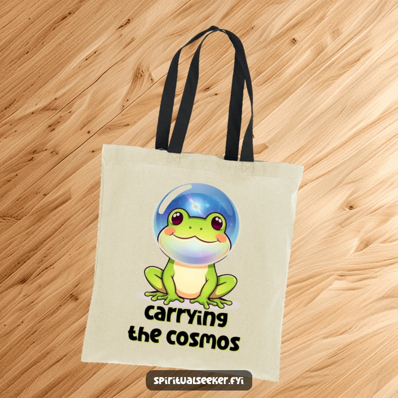 Funny frog galaxy tote bag showing a happy amphibian blowing a bubble containing a miniature universe, perfect for carrying essentials with cosmic flair.