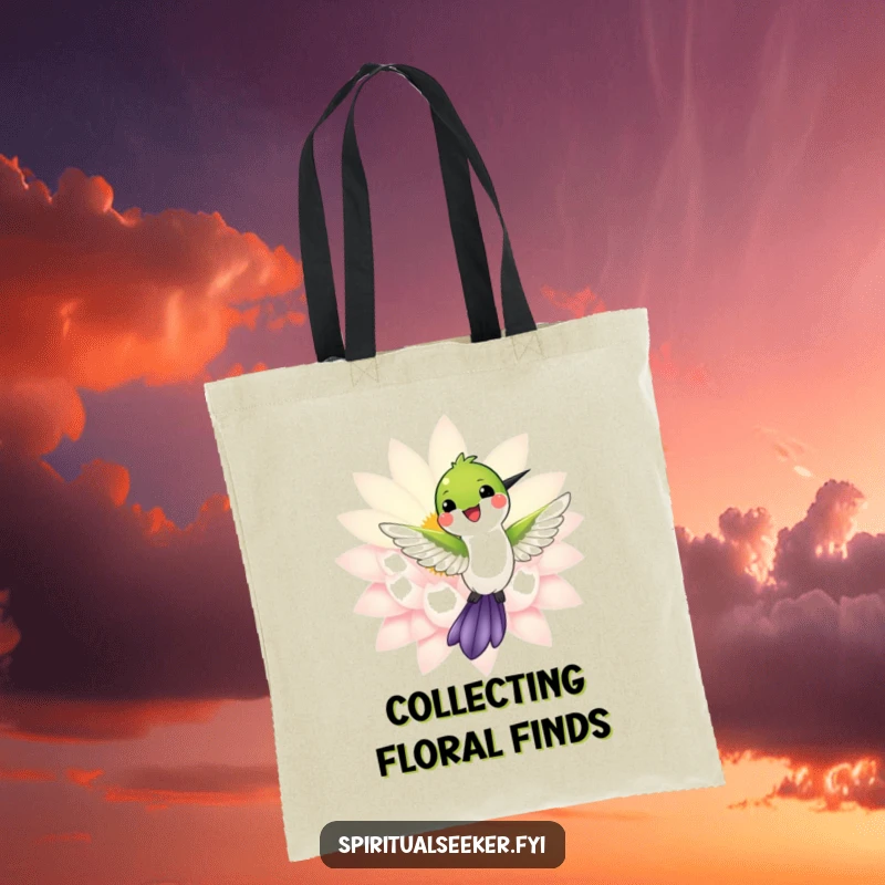 Funny tote bag with a smiling hummingbird hovering near a radiant lotus, perfect for carrying essentials with grace.