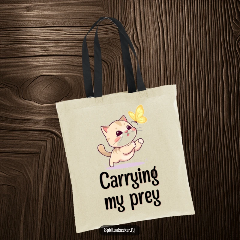 Funny kawaii cat tote bag featuring a cute cat playfully hunting a glowing butterfly, ideal for charming, humorous everyday use.