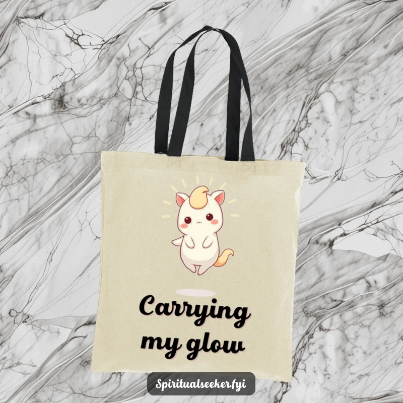 Funny Tote Bag with a charming Kawaii creature balancing and glowing, perfect for carrying items with a touch of magic.