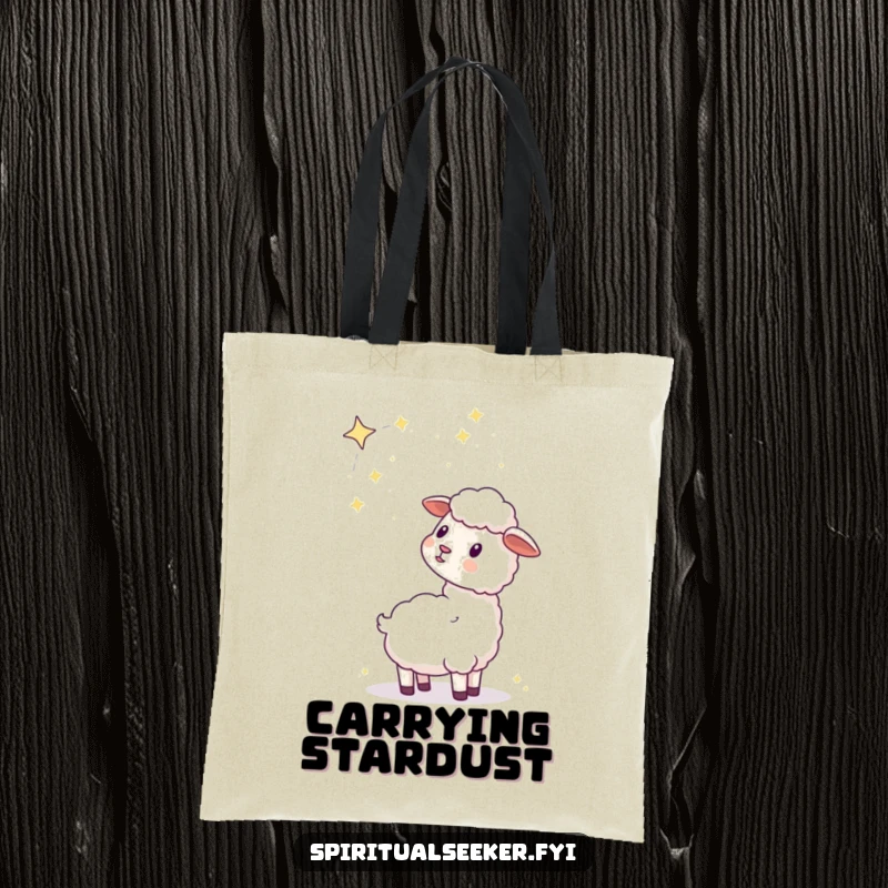 Funny kawaii sheep tote bag featuring a serene sheep gazing at a beautifully rendered celestial constellation, perfect for everyday magic.