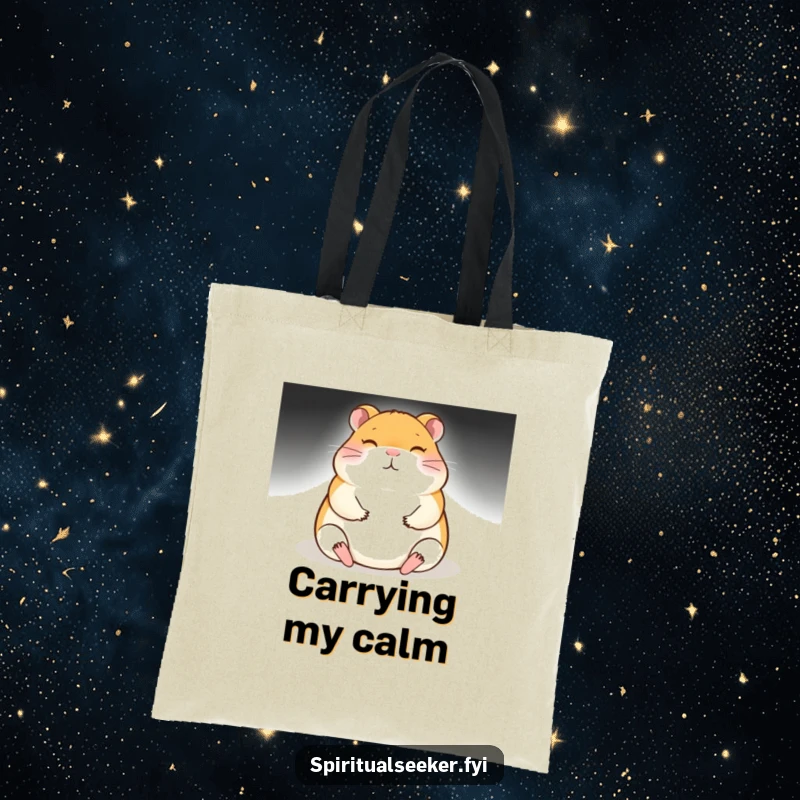 Funny meditating hamster tote bag, depicted with a subtle, peaceful glow, perfect for carrying items with a touch of humor.