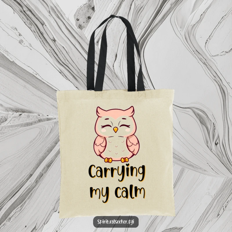 Funny meditating owl tote bag, serene smiling character, ideal for carrying daily items with a peaceful vibe.