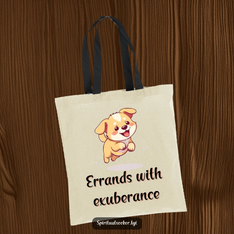 Funny tote bag with a playful dog chasing a shimmering ethereal light, great for carrying happy finds.