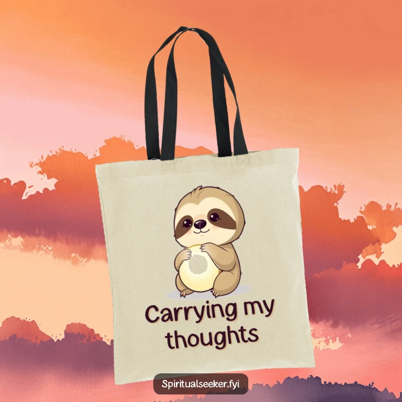 Funny tote bag with a thoughtful sloth gazing at a luminous orb, perfect for carrying essentials with wonder.