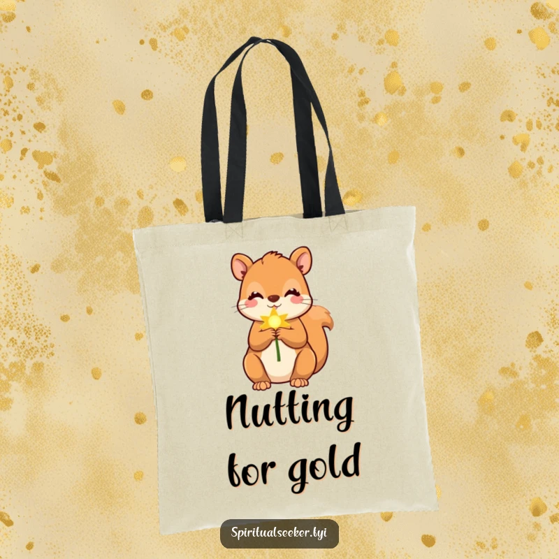 Funny squirrel tote bag showing a cute squirrel holding a soft, golden ray, a humorous and cheerful accessory.