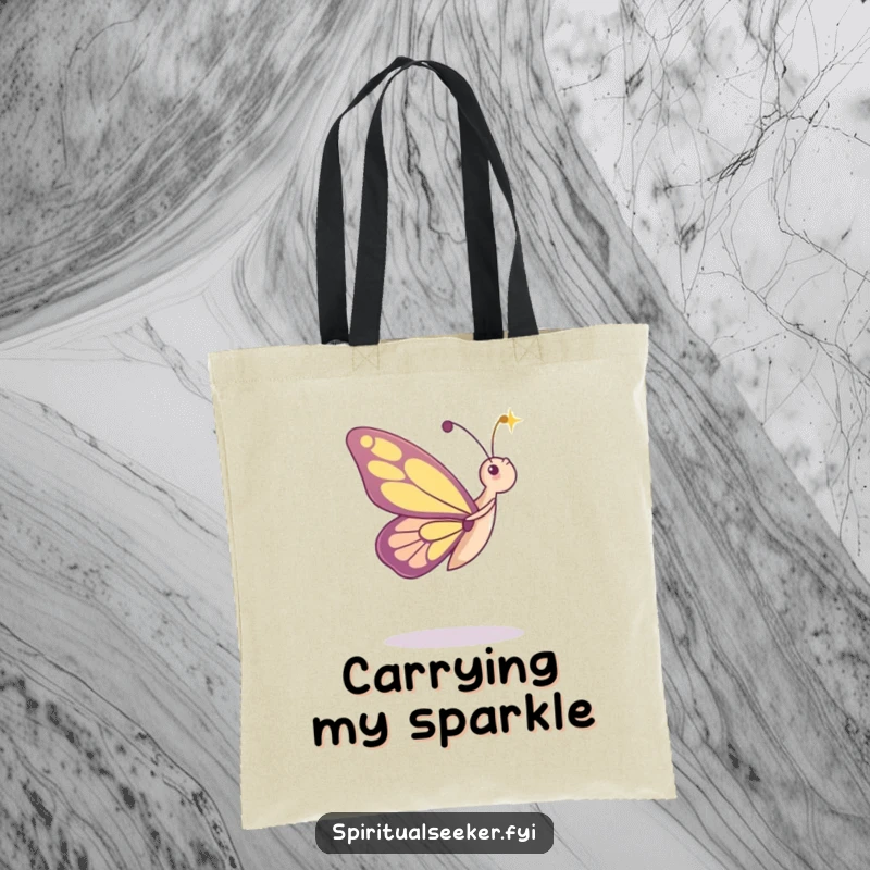 Funny tote bag with a dancing butterfly character admiring a beam of light, perfect for carrying items with whimsical flair.