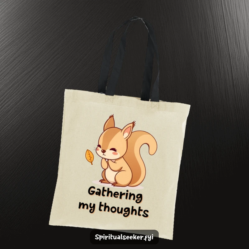Funny tote bag showing a kawaii squirrel in deep thought over a falling leaf, perfect for carrying items with a touch of autumn's wisdom.