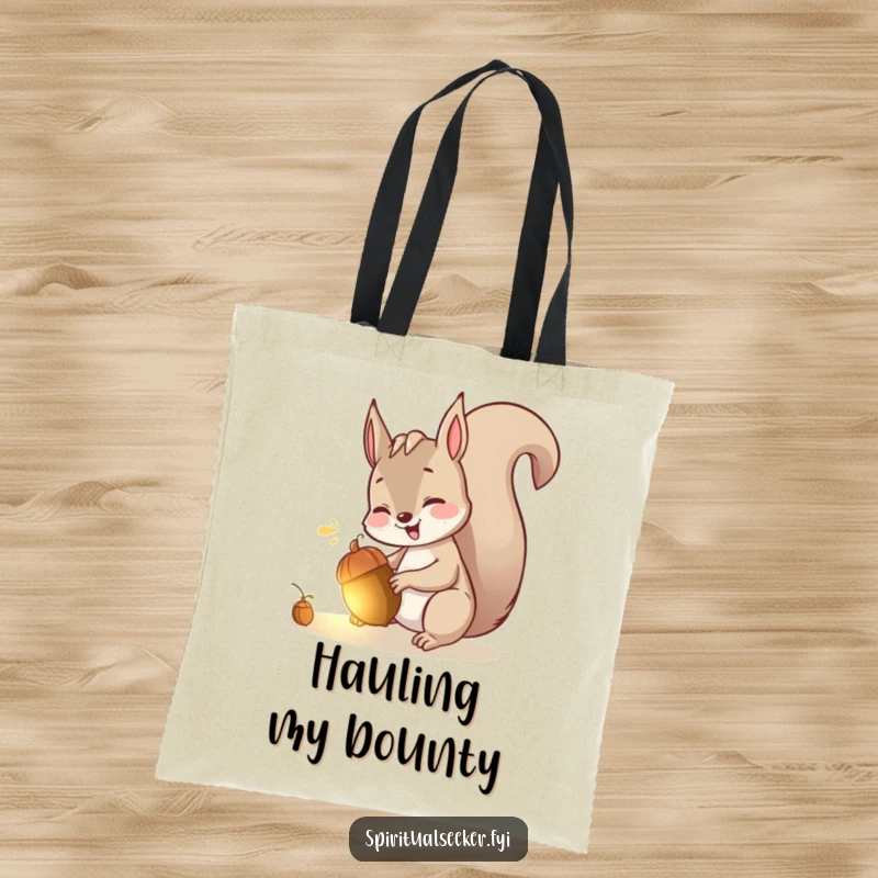 Funny tote bag with a giggling squirrel finding a luminous acorn, perfect for carrying essentials with playful charm.